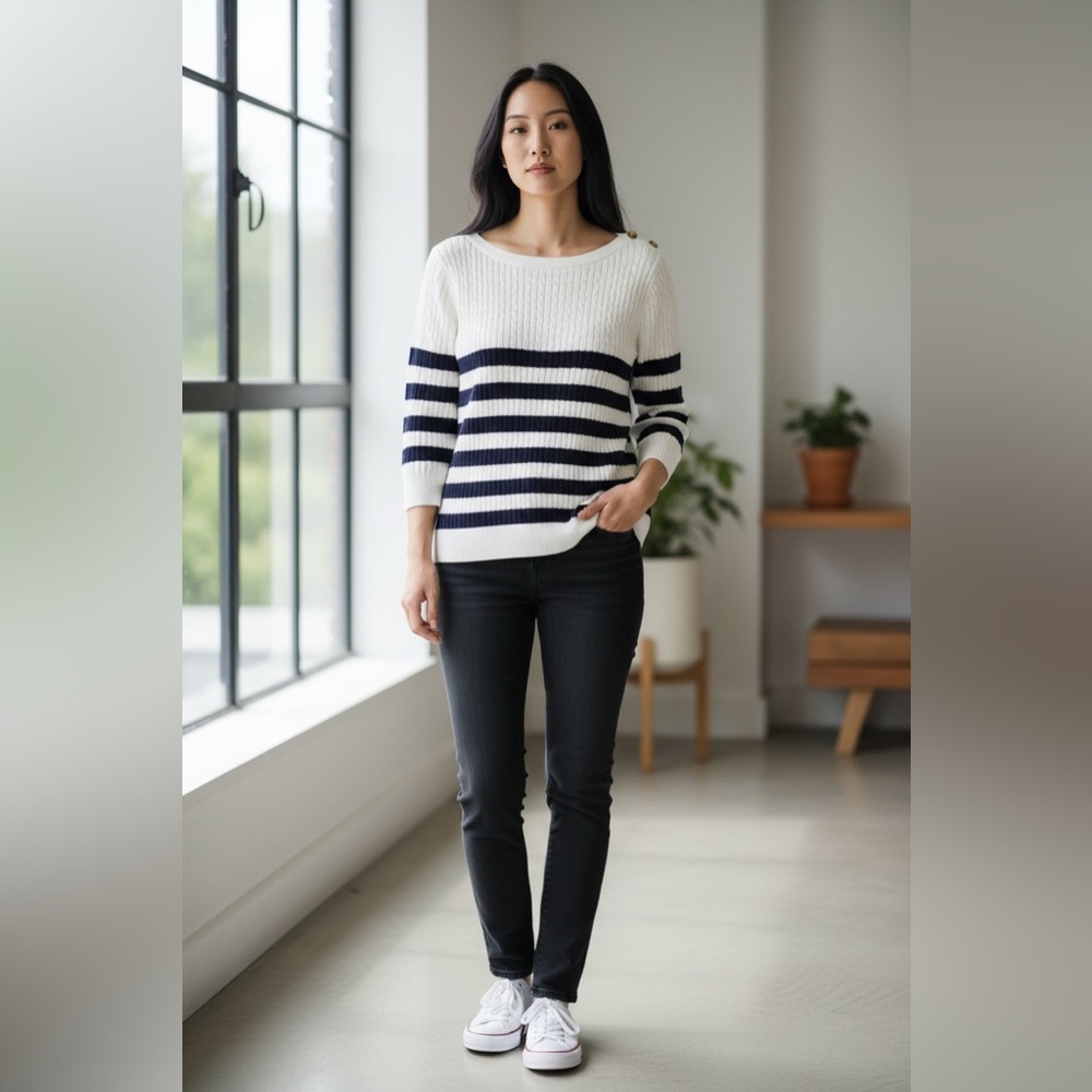 JEANNE PIERRE Navy and White Striped Sweater
